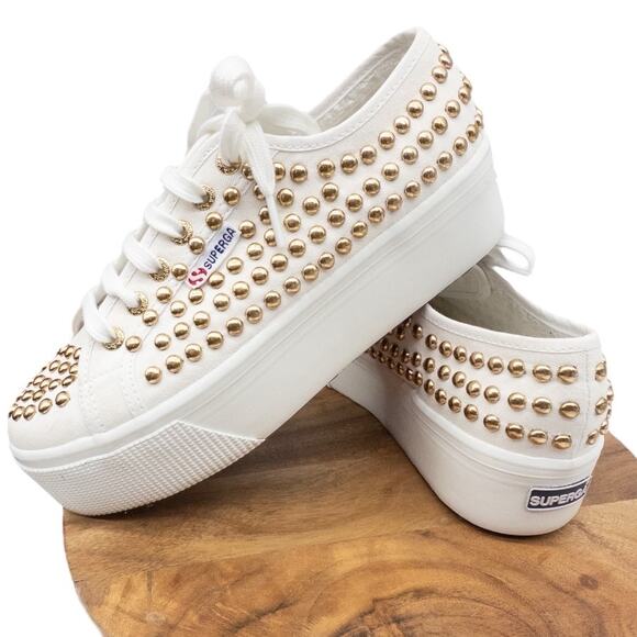 Superga Studded Platform Sneakers 2790 White Gold Size US 8 EU 39 - Picture 1 of 11